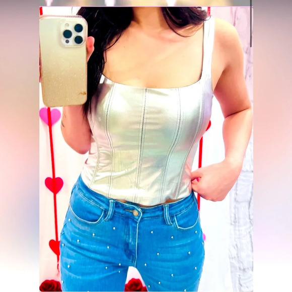 CC Boutique Tops - Metallic silver corset M 68$ Nwot holiday boho party western revolve Victorian